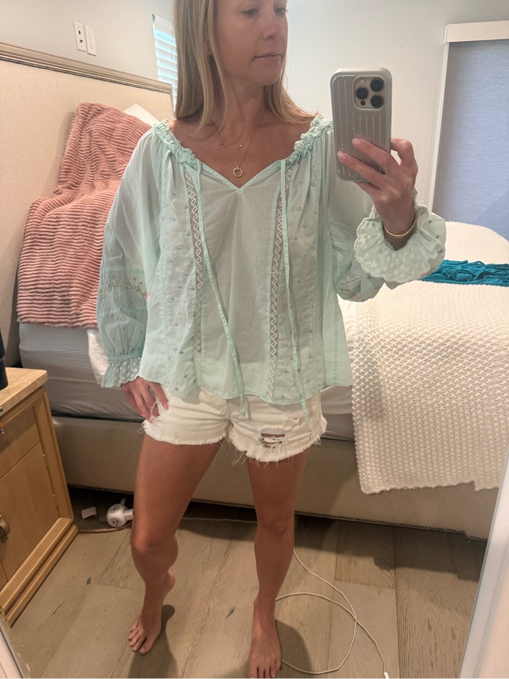 LoveShackFancy Seafoam Embroidered Lace Peasant Blouse